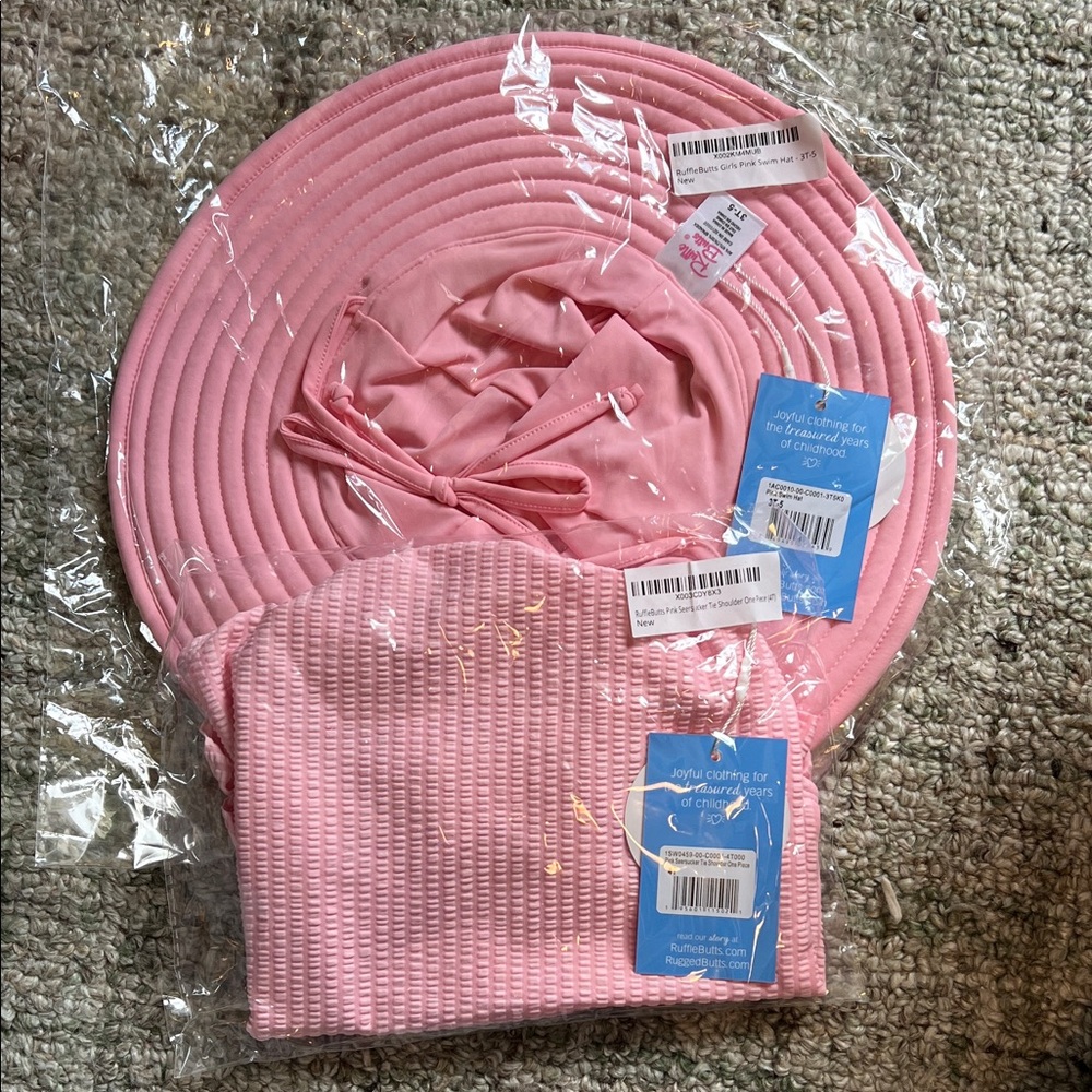 NIB 4T Ruffle Butts Pink Sun Hat and Bag Set